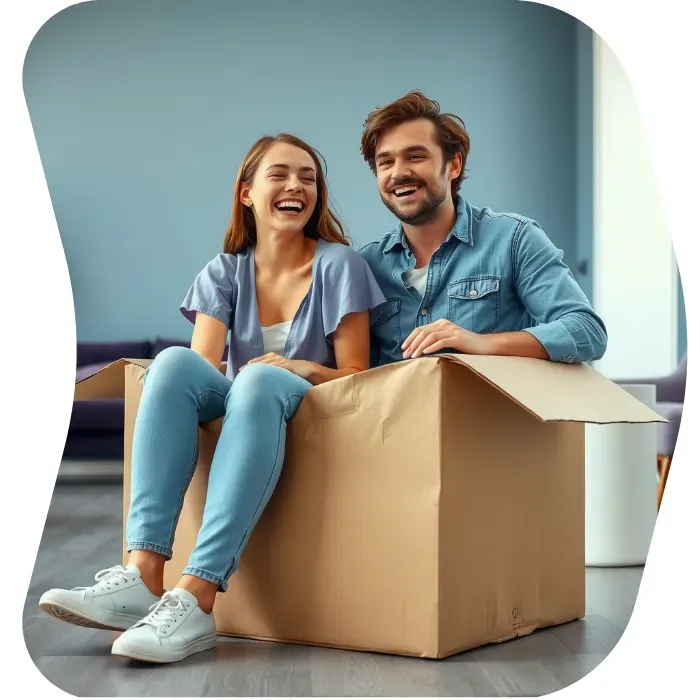 Two guys sitting on the floor of their apartment with Muval moving boxes